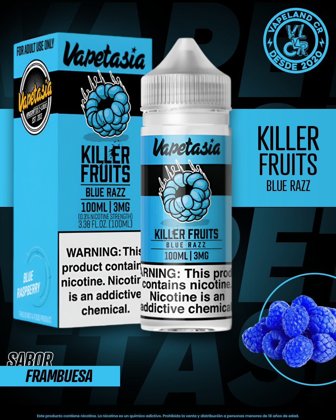 Vapetasia Killer Fruits Blue Razz 0mg, 3mg y 6mg.