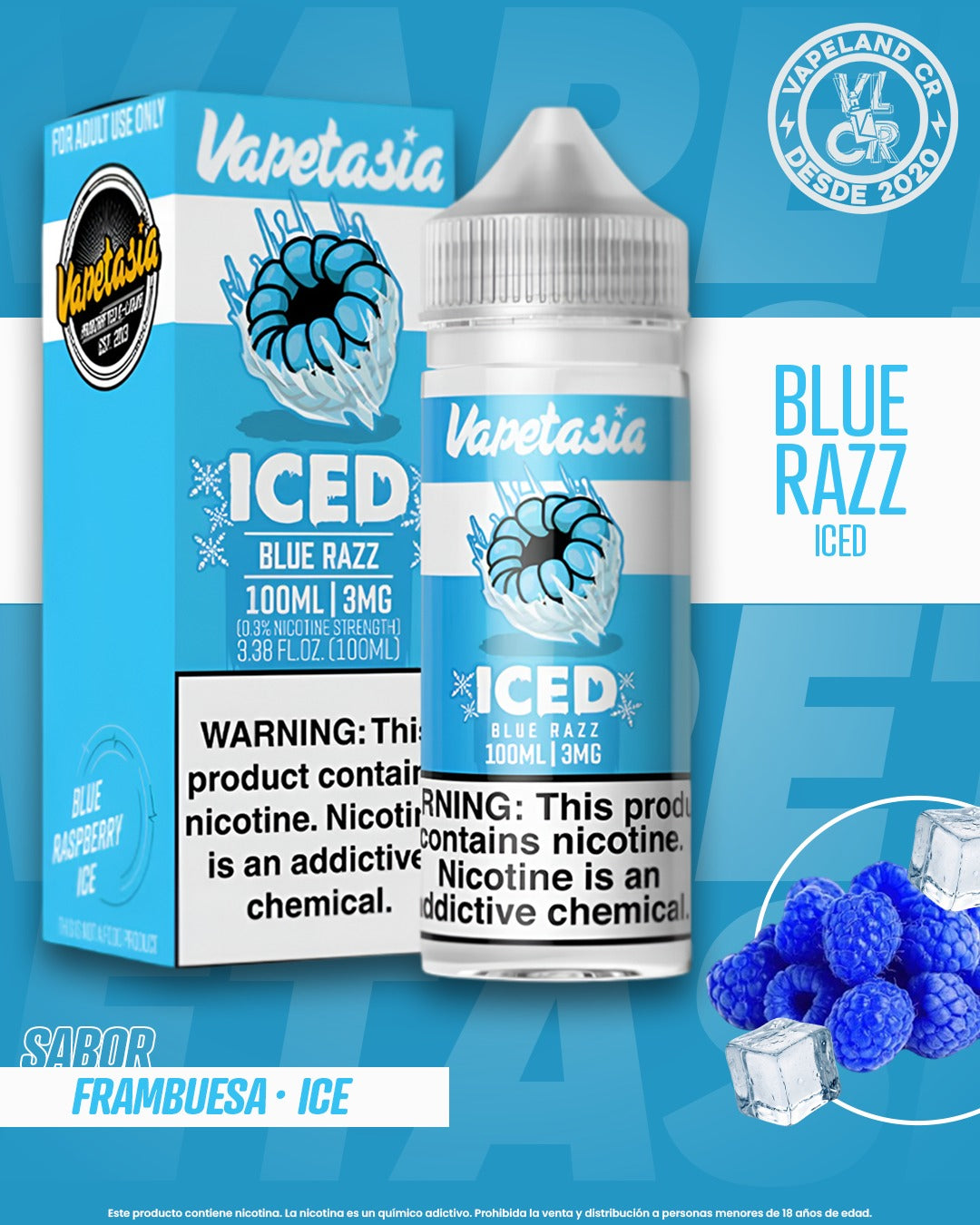 Vapetasia Iced Blue Razz 3mg y 6mg.