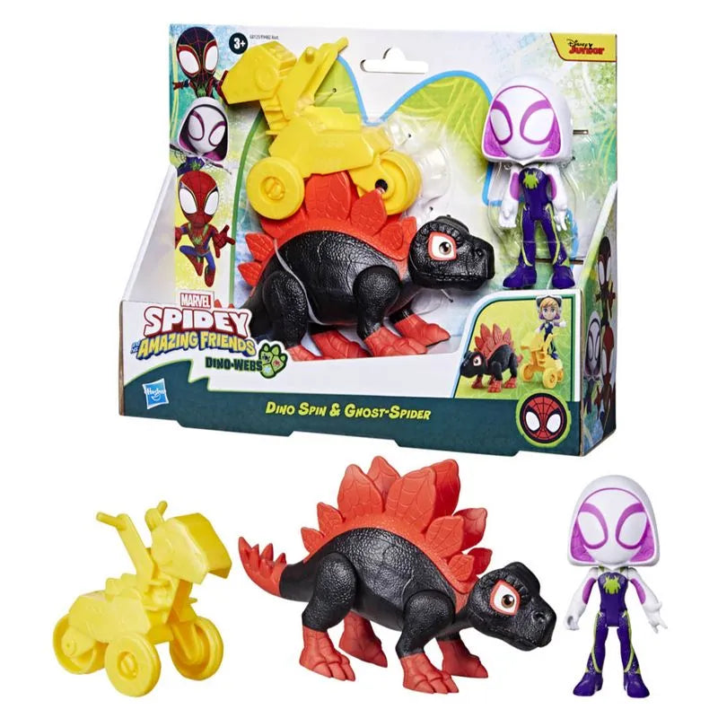 Figura con Dinosaurio Dino Spin y Gnost-Spider Marvel Spidey Amazing Friends.