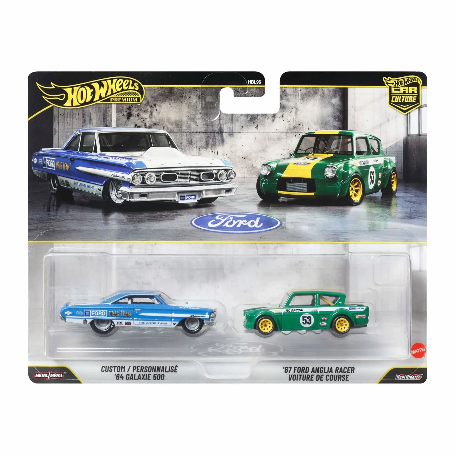 Hot Wheels Premium Car Culture Custom / Personnalisé 64 Galaxie 500 y 67 Ford Anglia Racer Voiture de Course.