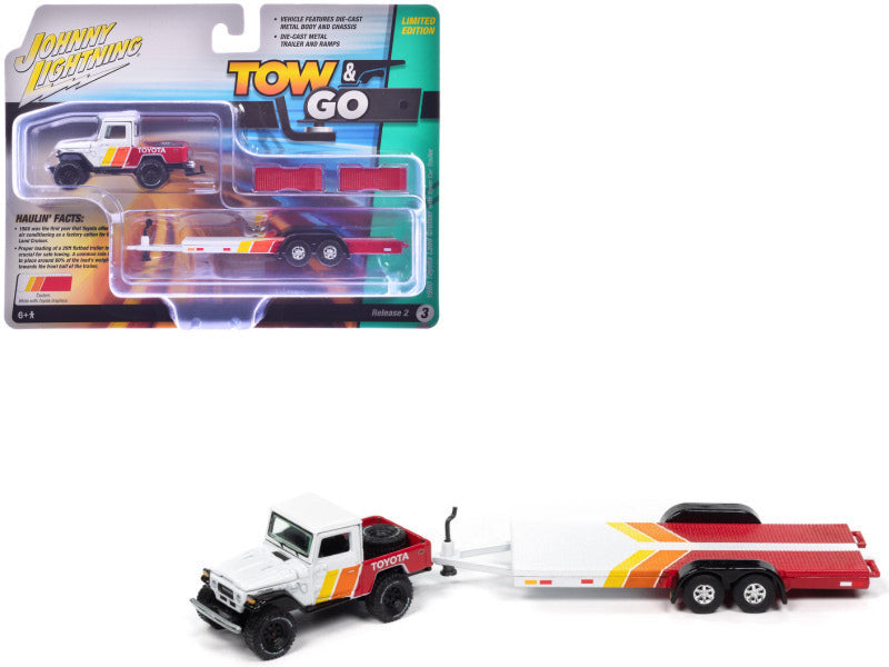 Johnny Lightning 1980 Toyota Land Cruiser With Open Car Trailer.