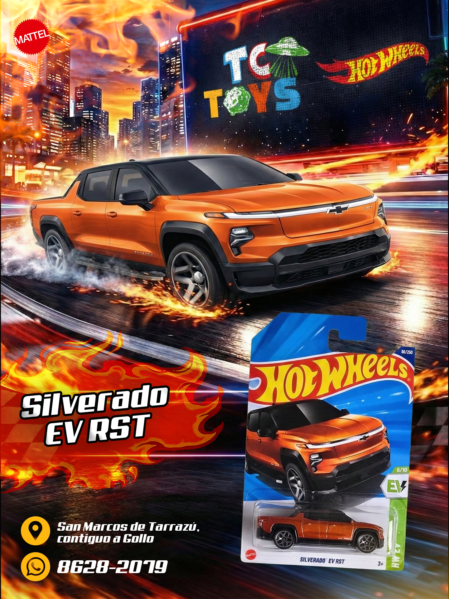 Hot Wheels Silverado EV RST Naranja.