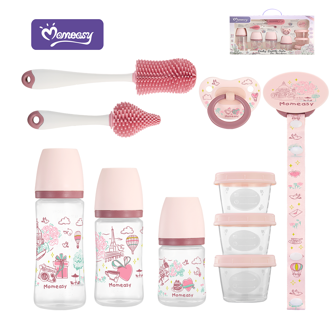 Set de 11 Piezas Biberones Rosado Momeasy.