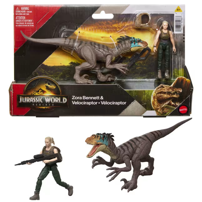 Figura Jurassic World Zora Bennett y Velociraptor.