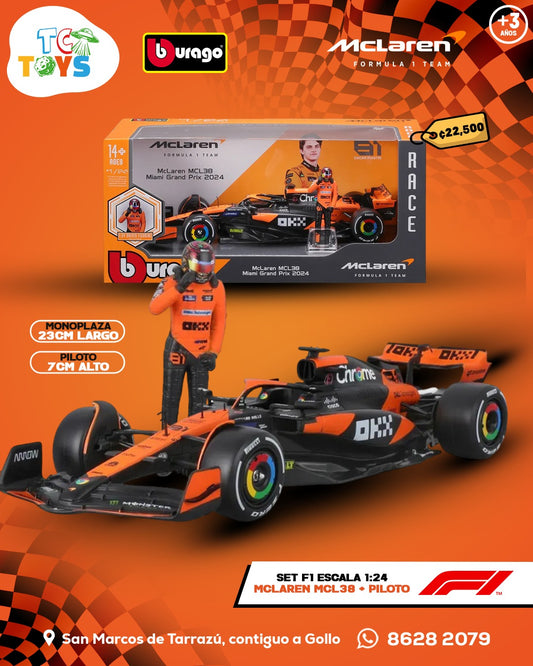 Bburago Mclaren MCL38 Miami Grand Prix 2024 Set con Piloto #4.