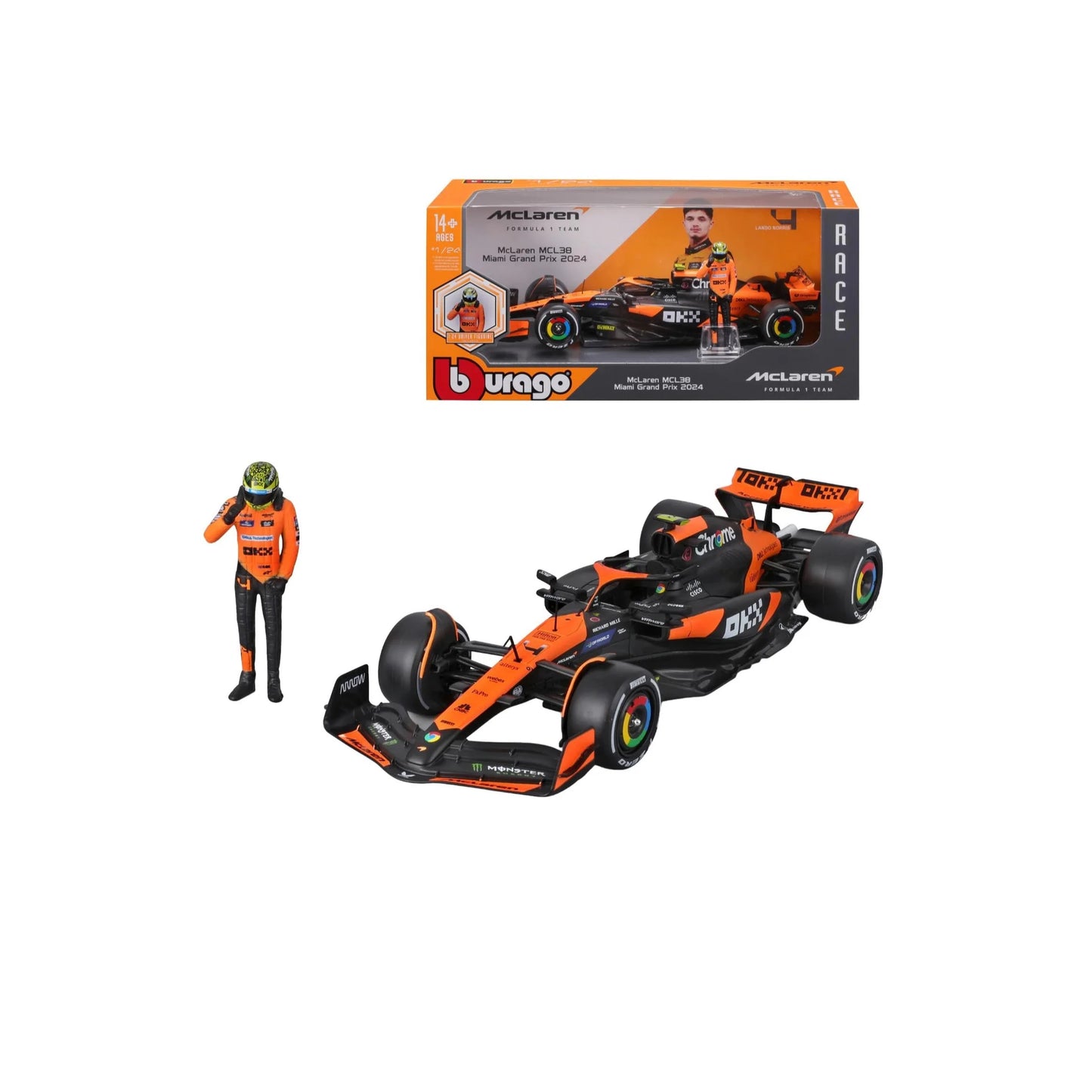 Bburago Mclaren MCL38 Miami Grand Prix 2024 Set con Piloto #4.