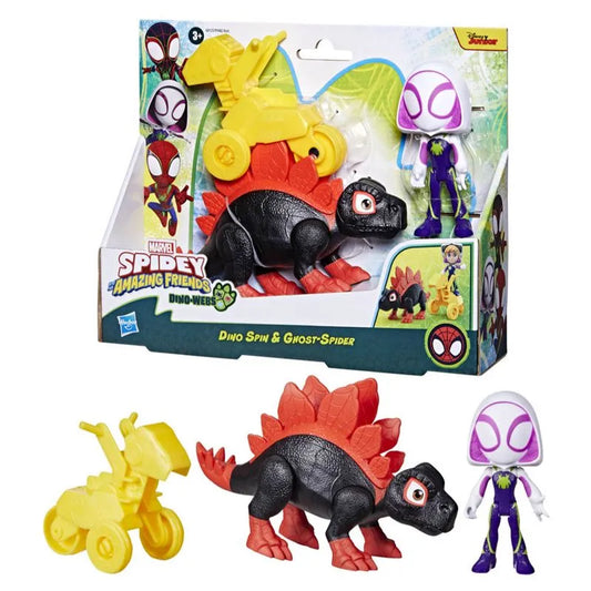 Figura con Dinosaurio Dino Spin y Gnost-Spider Marvel Spidey Amazing Friends.