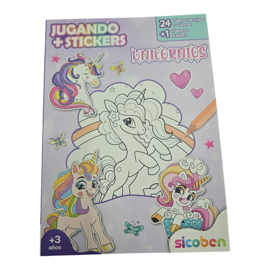 Libro Jugando + Stickers Unicornios Sicoben.
