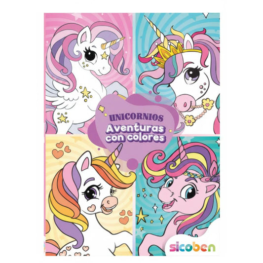 Libro para Colorear Unicornios Aventuras con Colores Sicoben.