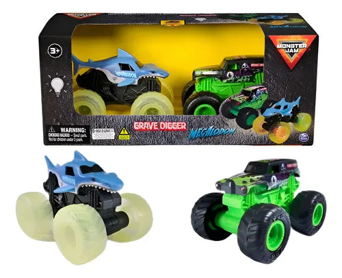 Monster Jam Set de 2 con Luz Megalodon y Grave Digger.