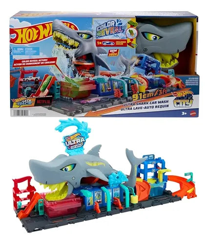 Pista Hot Wheels Color Reveal Lavado de Autos Mega Tiburón.