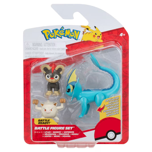 Pokémon Battle Figure Set Litleo + Mankey + Vaporeon.