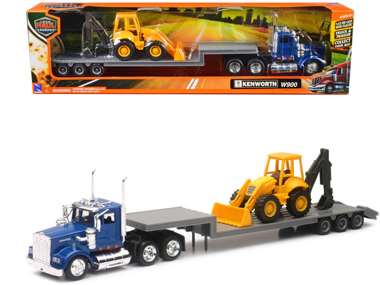 Trailer NewRay Long Haul Trucker Kenworth W900 con Retroexcavadora.