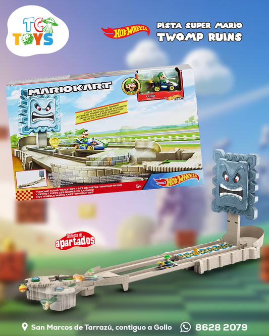 Pista Hot Wheels Mario Kart Set de pista Escapa del Twomp que Quiere Aplastarte.