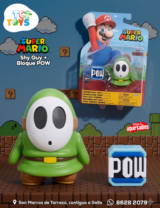 Figura Super Mario Shy Guy Verde con Bloque Pow Jakks.